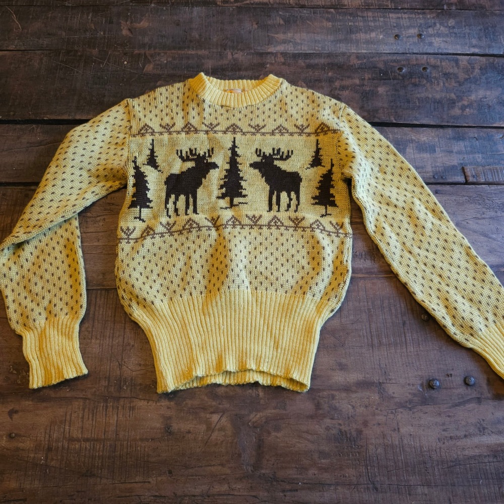 1940s Vintage Jersild Yellow Virgin Wool Moose Tree Knit Sweater Mens Nordic MCM
